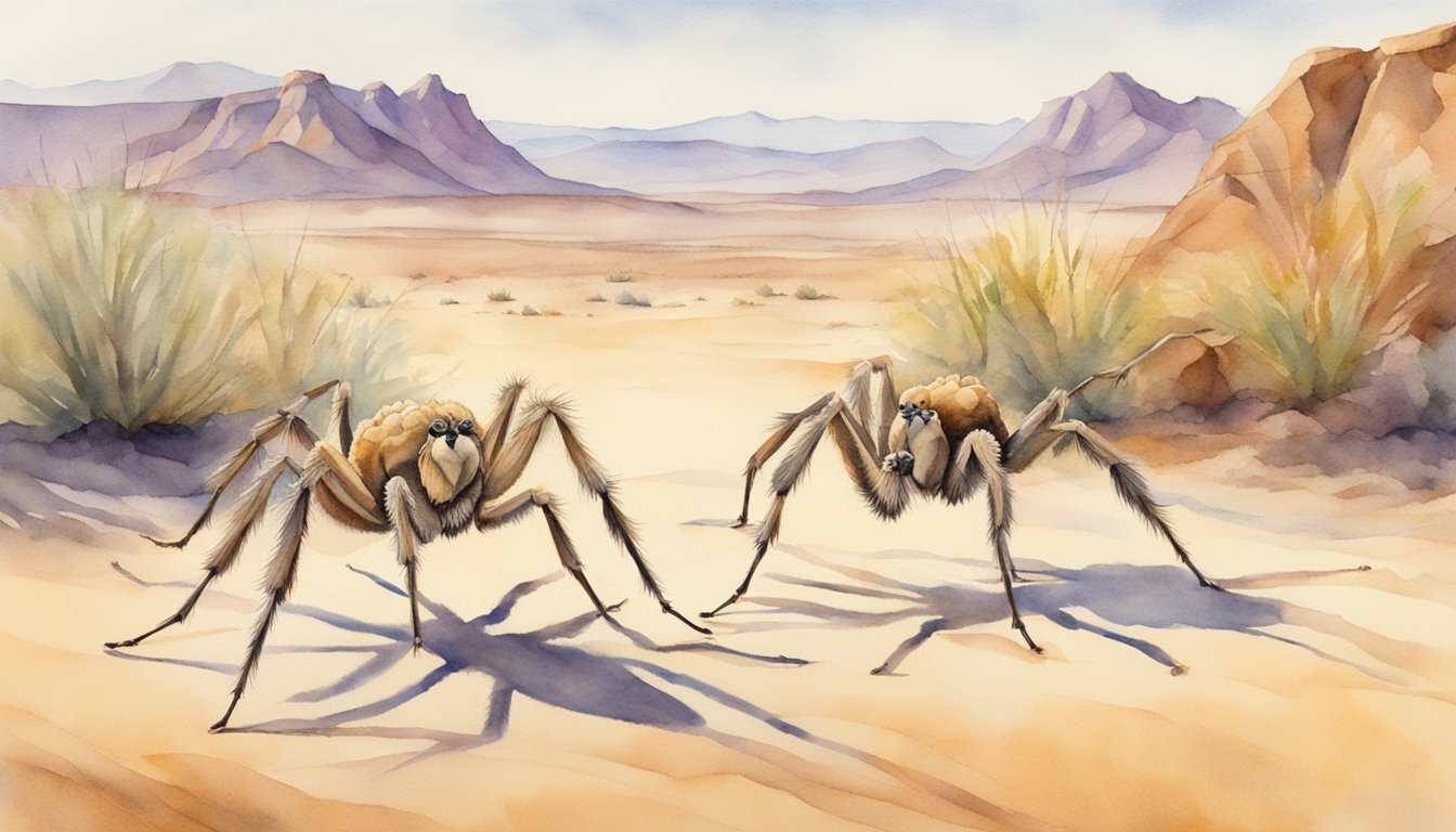 Watercolor illustration of spiders in desert landscape.