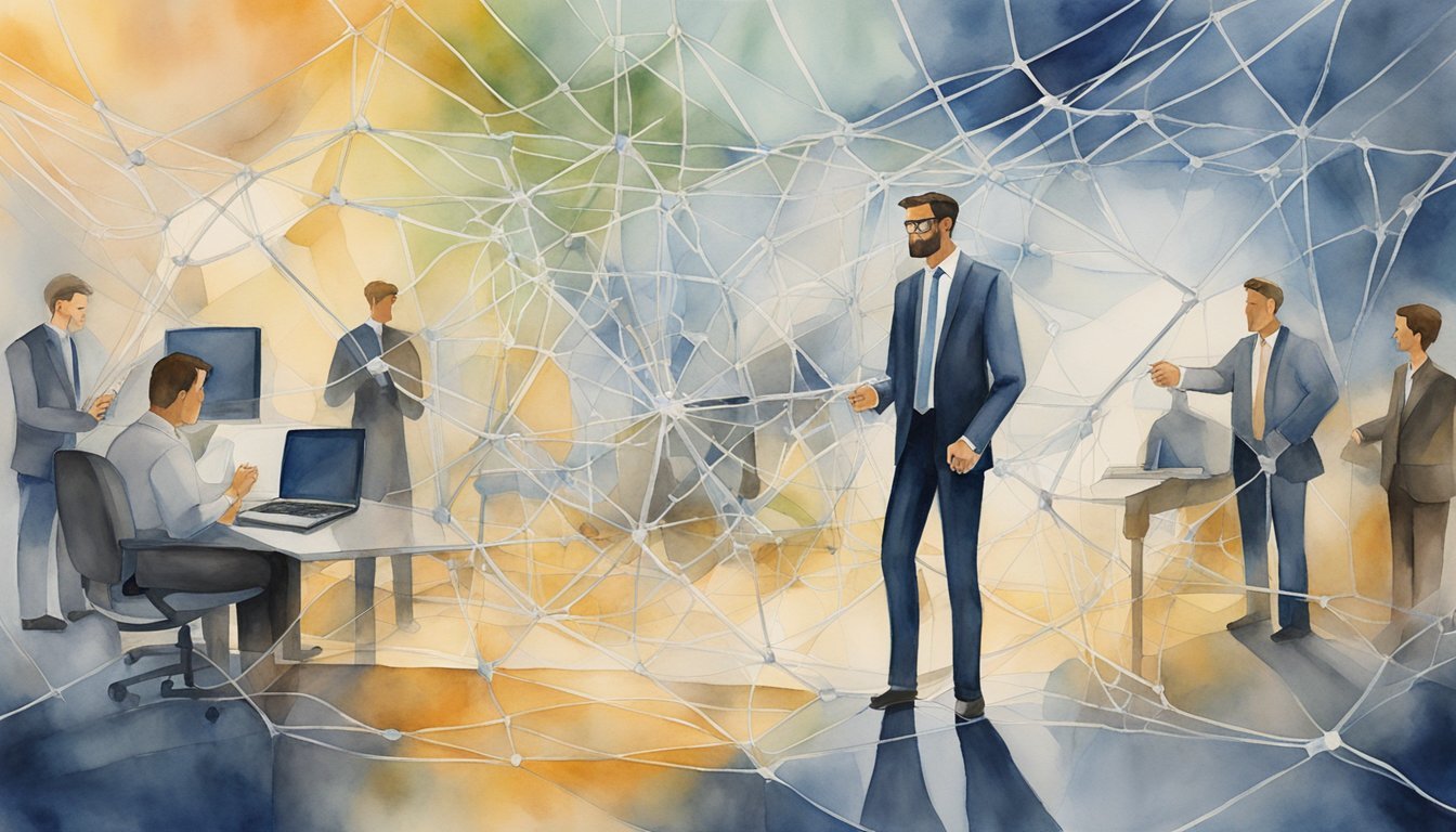 Businessmen connected by abstract network lines in office.