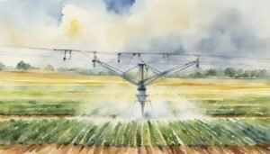 Irrigation system watering crops in a scenic field.