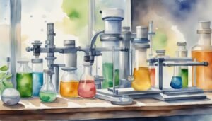 Colorful watercolor painting of a chemistry laboratory setup