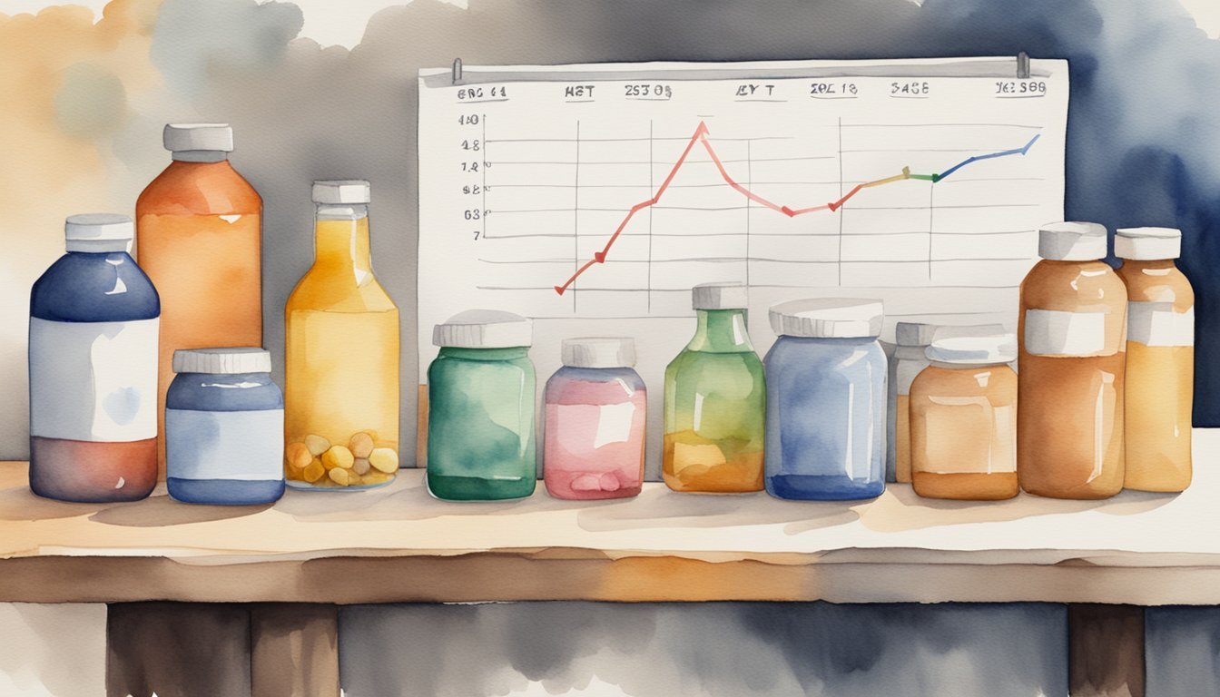 Watercolor painting of various colorful bottles and sales chart.