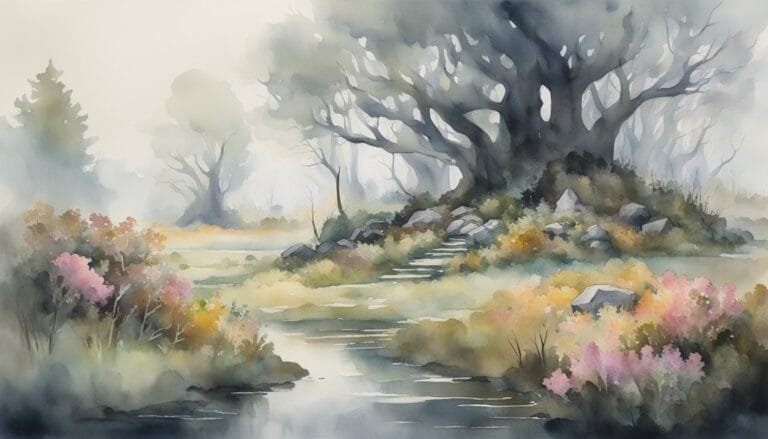 Watercolor painting of misty forest with serene stream.