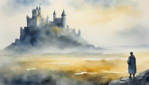 Person overlooking misty castle landscape at sunrise.