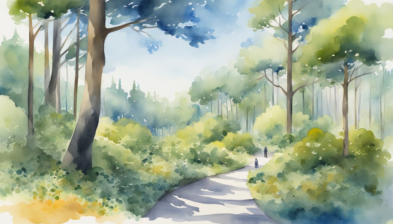 Watercolor painting of a serene forest pathway.