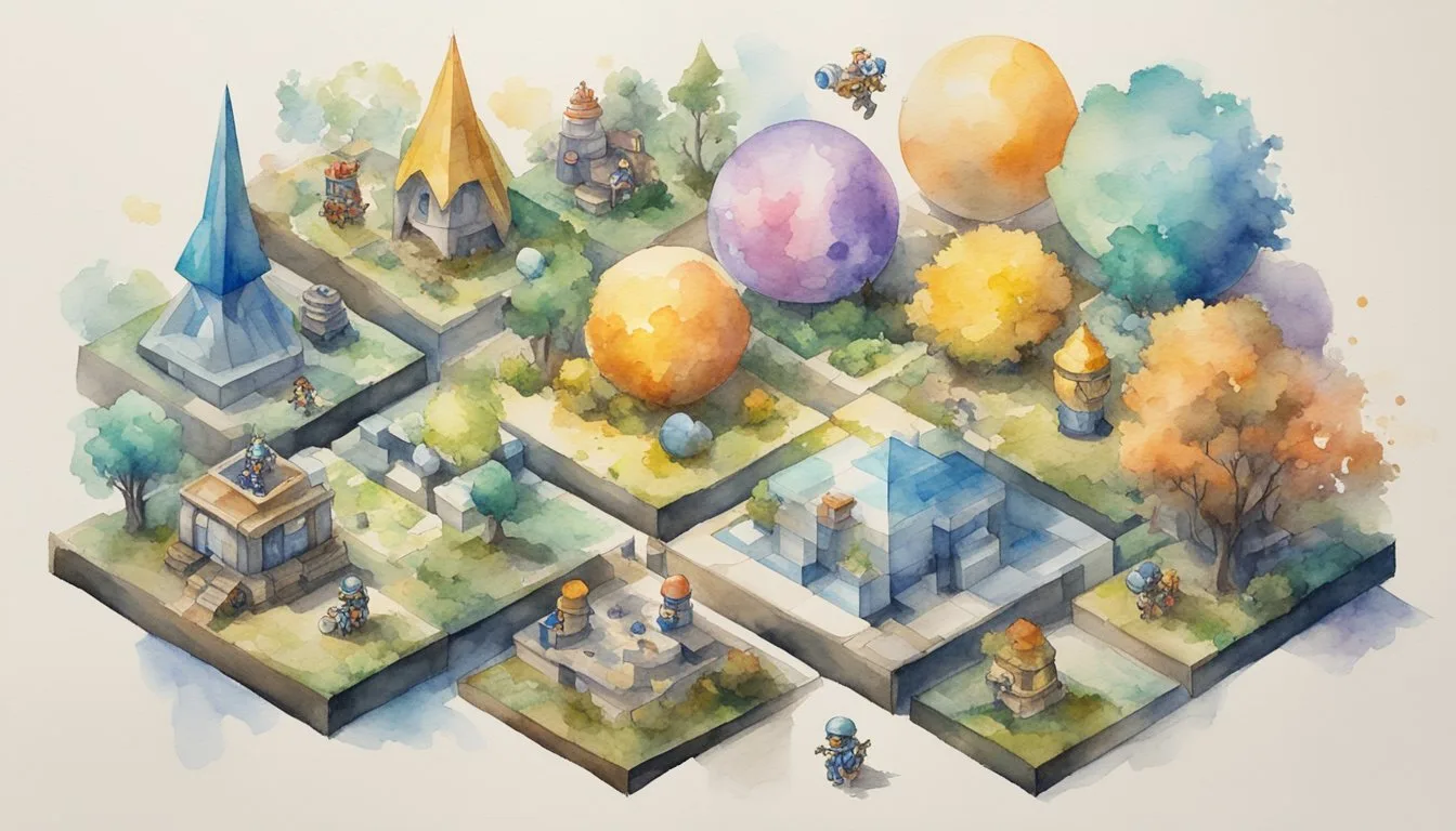 Colorful watercolor isometric fantasy village illustration.