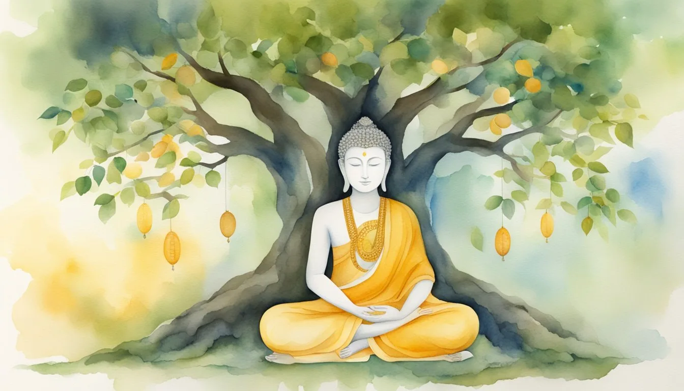 Buddha meditating under tree in tranquil watercolor illustration.