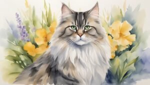 Watercolor painting of fluffy cat among colorful flowers.