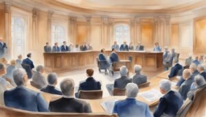 Watercolor illustration of a courtroom scene with judges and lawyers.