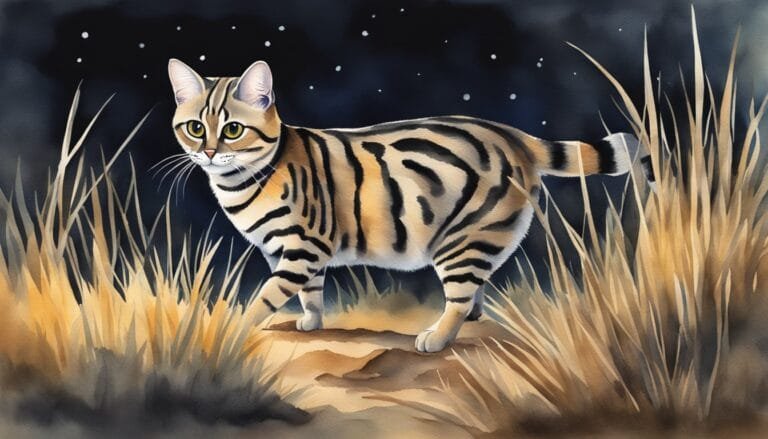 Tabby cat exploring grassy field at night.