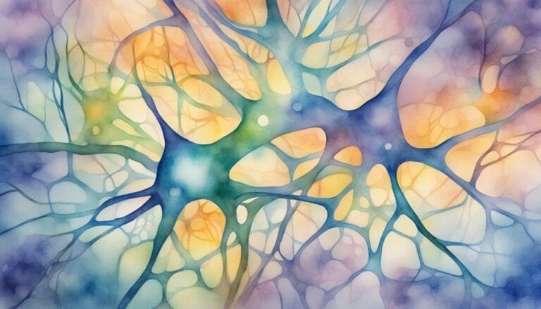 Abstract watercolor neuron network illustration in blue and yellow.