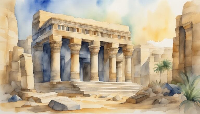 Watercolor painting of ancient temple ruins at sunset.