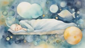 Dreamy illustration of person sleeping among mystical floating orbs.