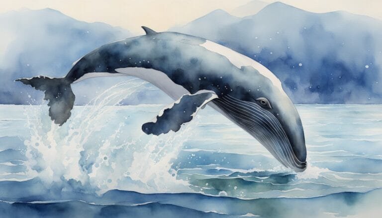 Watercolor of whale jumping in misty blue ocean.