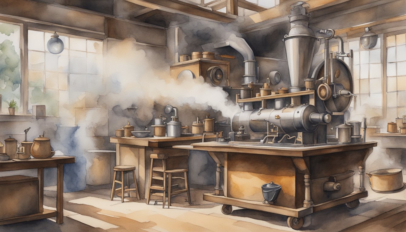 Vintage steam-powered machinery in rustic workshop.