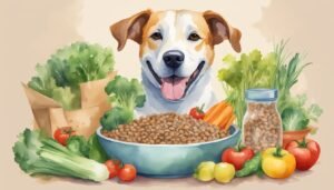 Dog with healthy vegetables and food bowl.