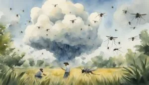 Giant mosquitoes looming over people in surreal landscape.