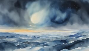 Watercolor painting of snowy mountains under starry sky.