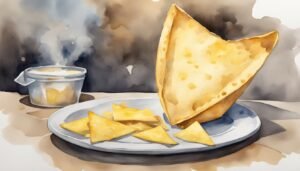 Watercolor of crispy tortilla chips and cheese dip.