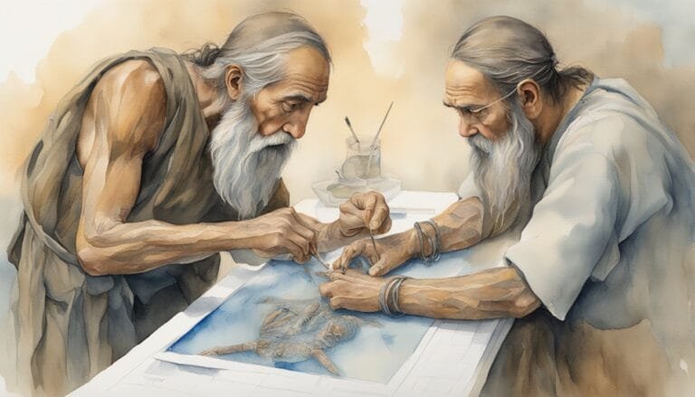 Two elderly men collaboratively drawing a map on paper.