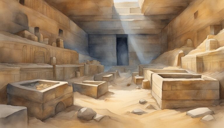Watercolor painting of ancient tomb interior with sunbeams.