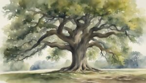 Watercolor painting of an expansive, majestic oak tree.