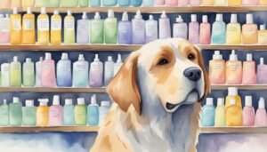 Dog in front of colorful shampoo bottles.