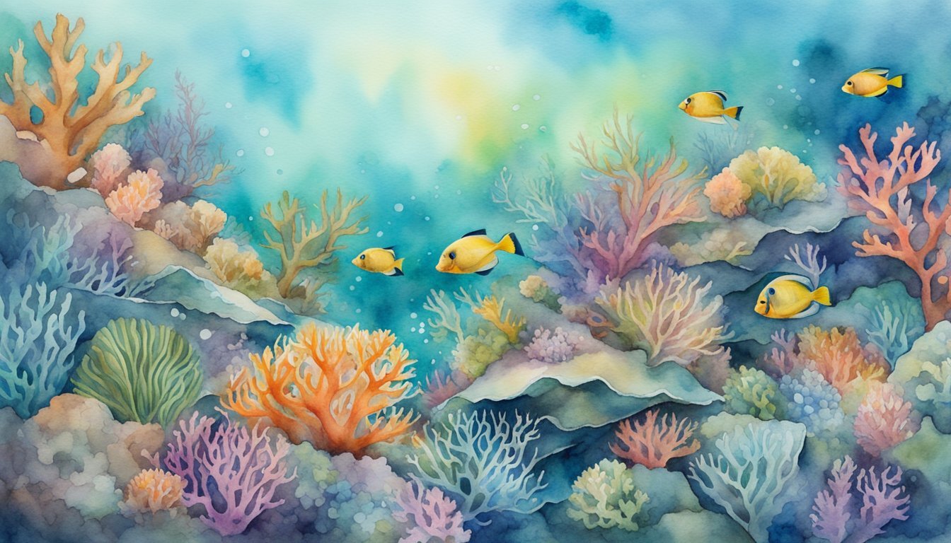 Colorful watercolor illustration of vibrant coral reef with fish.