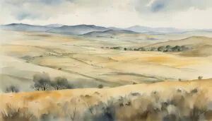 Watercolor painting of rolling hills and open fields.