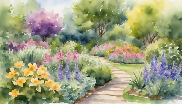 Colorful watercolor painting of lush garden pathway.