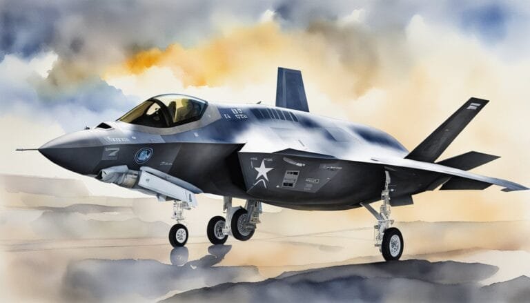 Illustration of an F-35 fighter jet on a cloudy background.