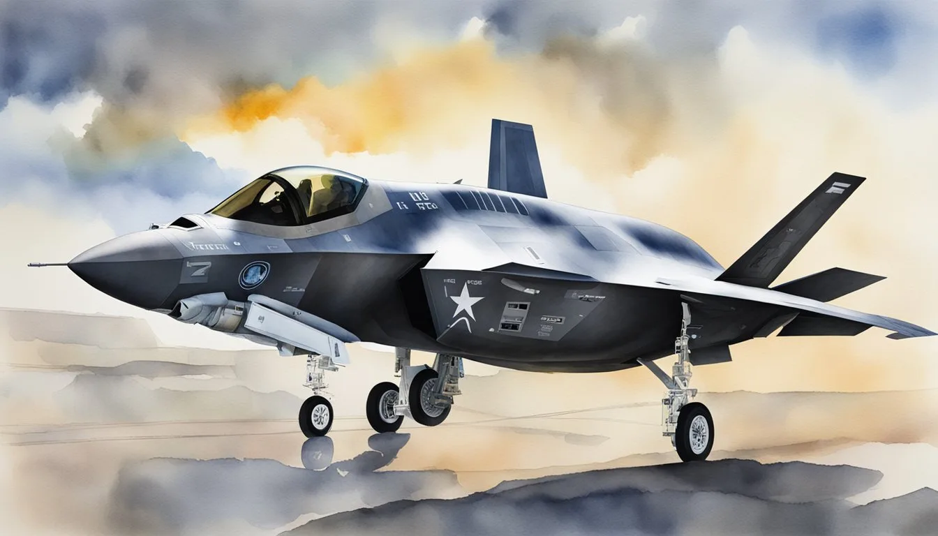 Illustration of an F-35 fighter jet on a cloudy background.