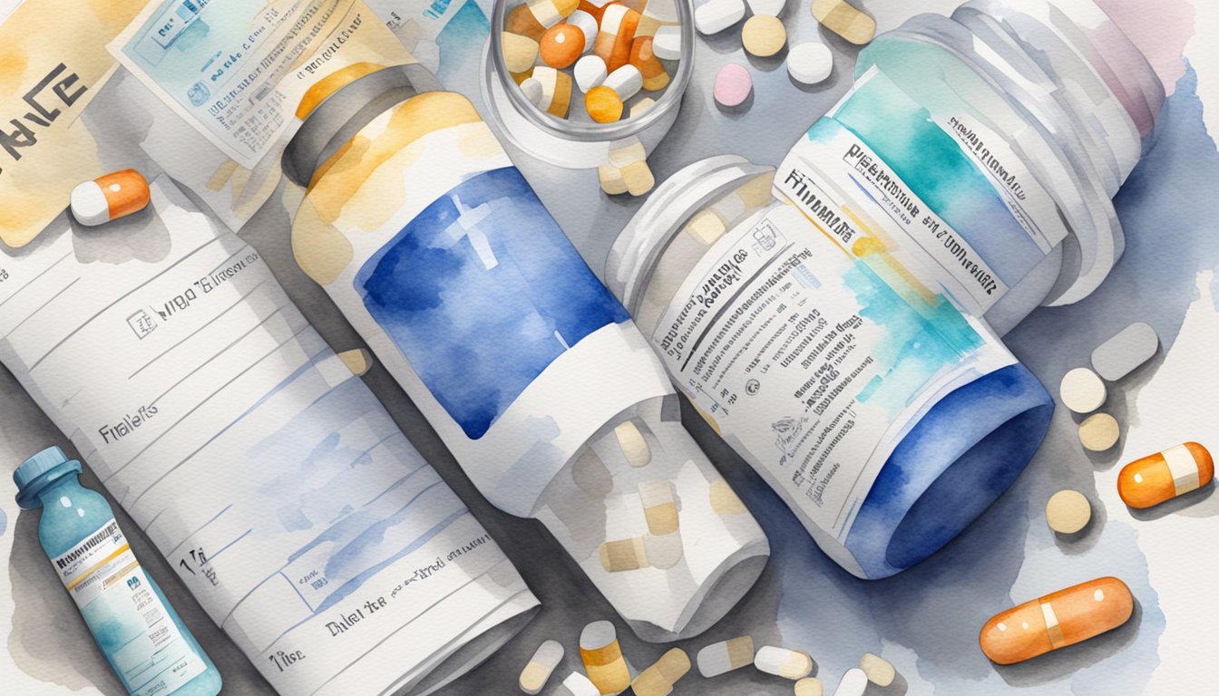 Watercolor illustration of various prescription medications and bottles.