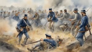 Union soldiers engaging in a Civil War battle.