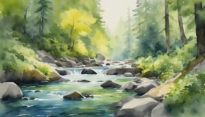 Watercolor painting of serene forest river landscape.