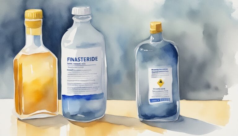 Watercolor painting of three medical bottles on table.