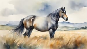 Watercolor painting of a horse in a grassy field.