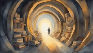 Person walking through a tunnel of books toward light.