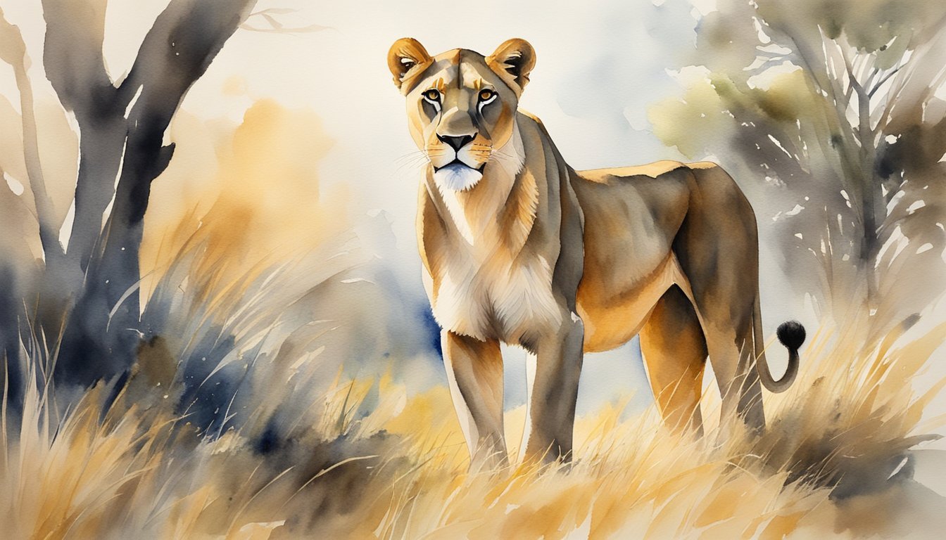 Watercolor painting of a lioness in savannah setting.