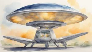 Watercolor illustration of a futuristic spaceship landing.