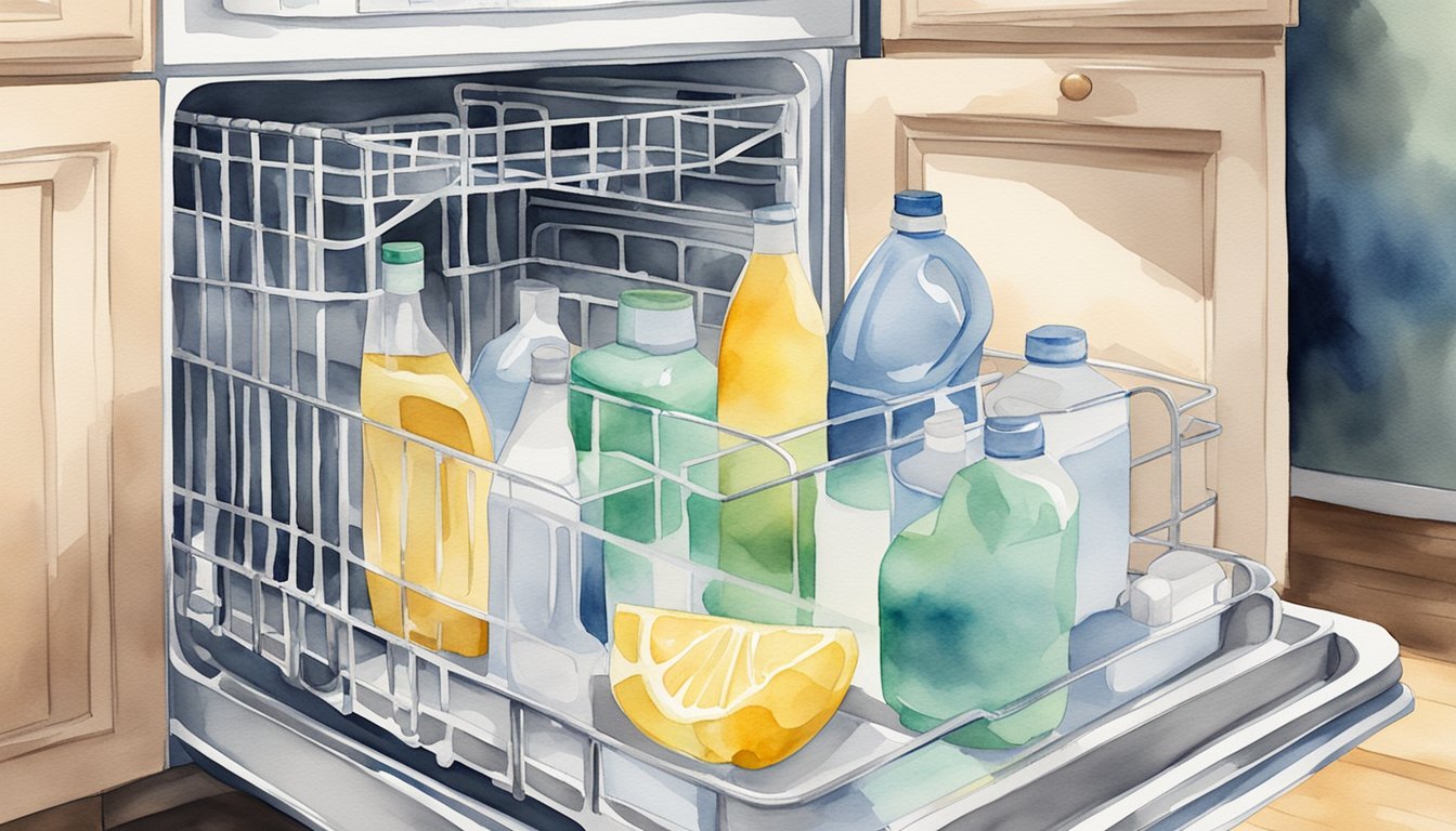 Watercolor illustration of an open dishwasher with dishes and bottles.