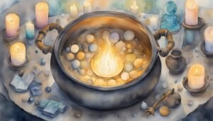 Watercolor of mystical cauldron with candles and crystals.