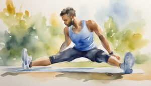 Man doing stretching exercise on mat, watercolor painting.