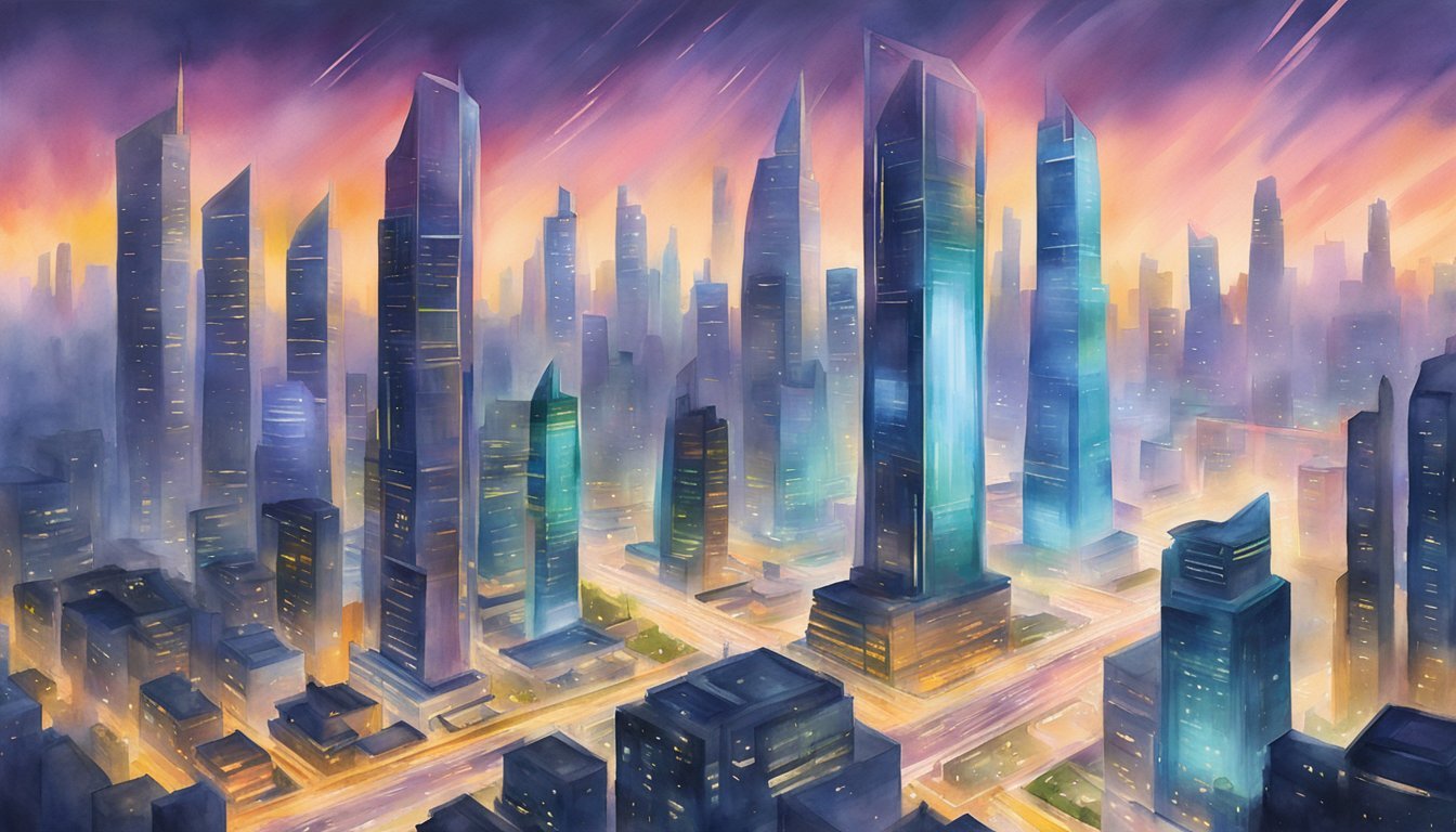 Futuristic cityscape with illuminated skyscrapers at dusk.