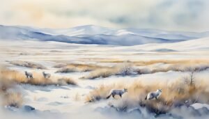 Watercolor painting of foxes in snowy winter landscape.