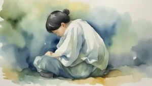 Watercolor painting of person in thoughtful pose outdoors.