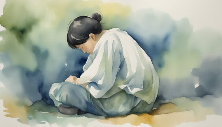 Watercolor painting of person in thoughtful pose outdoors.