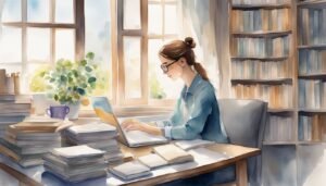 Woman working on laptop in cozy home library.