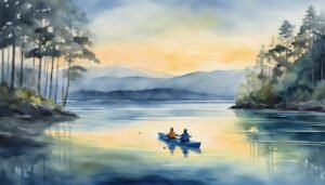 Watercolor painting of canoeing at sunset in serene lake.