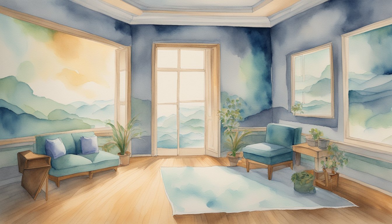 Watercolor interior of room with mountain view and blue furnishings.