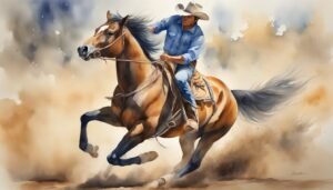 Cowboy riding horse dynamically in watercolor painting.